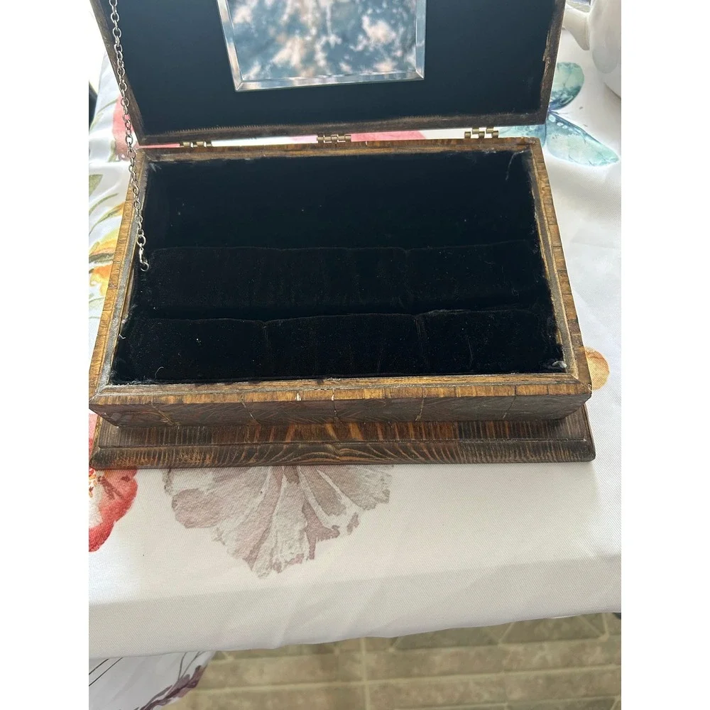 Vintage Handcrafted Parquetry Wood Jewelry Box with Mirror Ring Rolls Signed